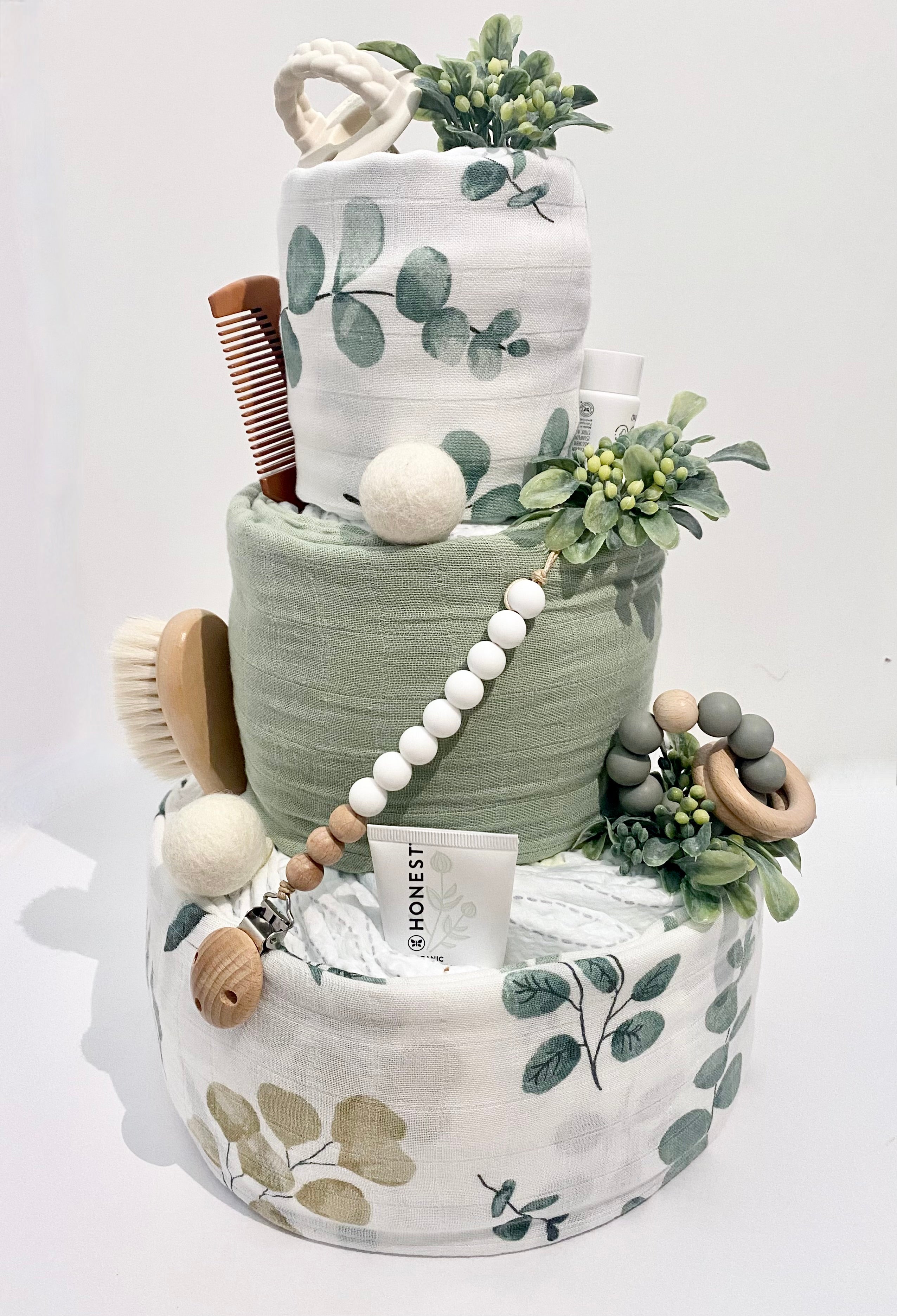 Eucalyptus Sage Diaper Cake 3 Tier, Baby Shower Centerpiece