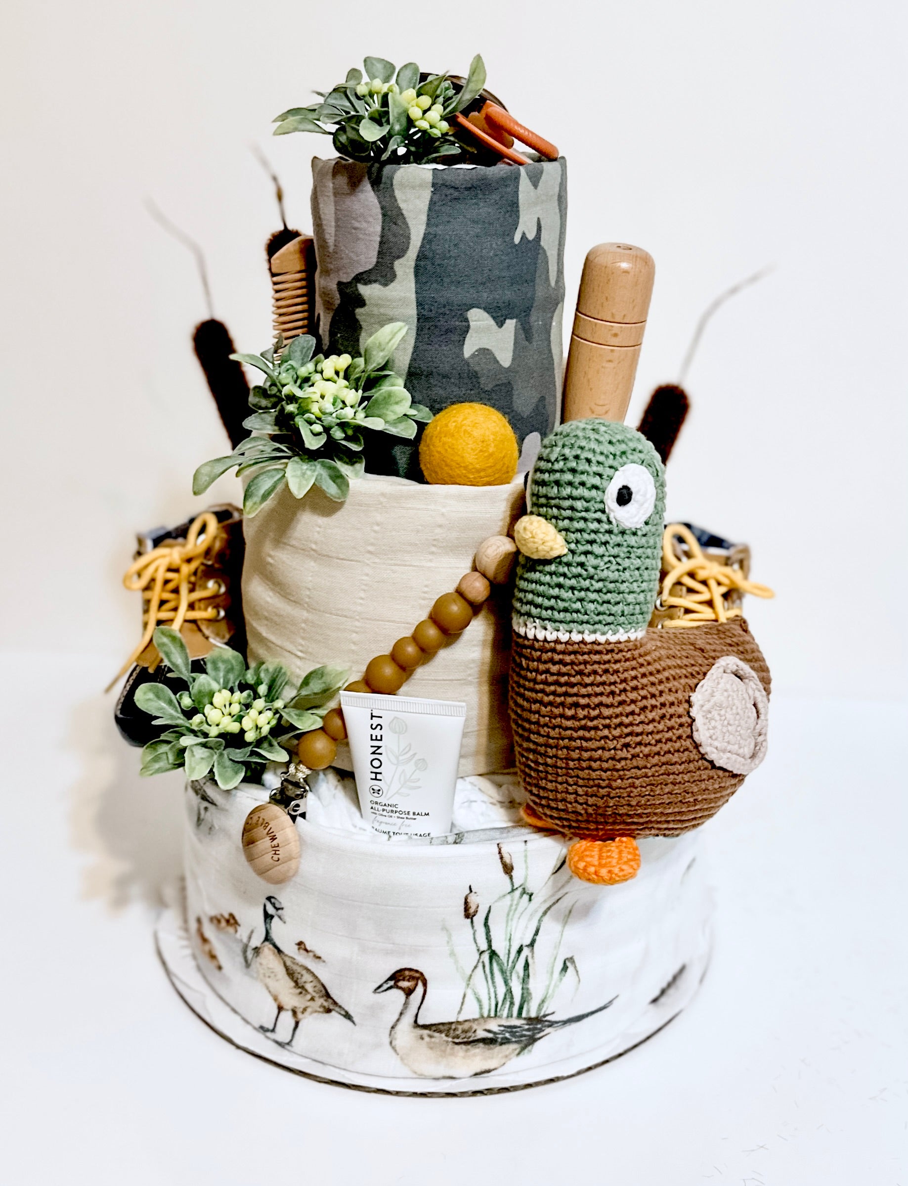 Square Diaper Cake In Basket Mallard Duck Baby Diaper Cake